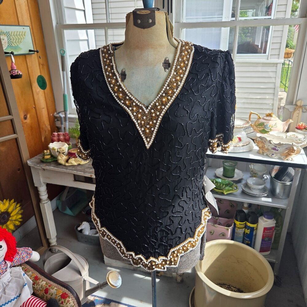 NWT Vintage 80s Laurence Kazar Vintage Top,  Beaded With Pearls Silk Size Medium